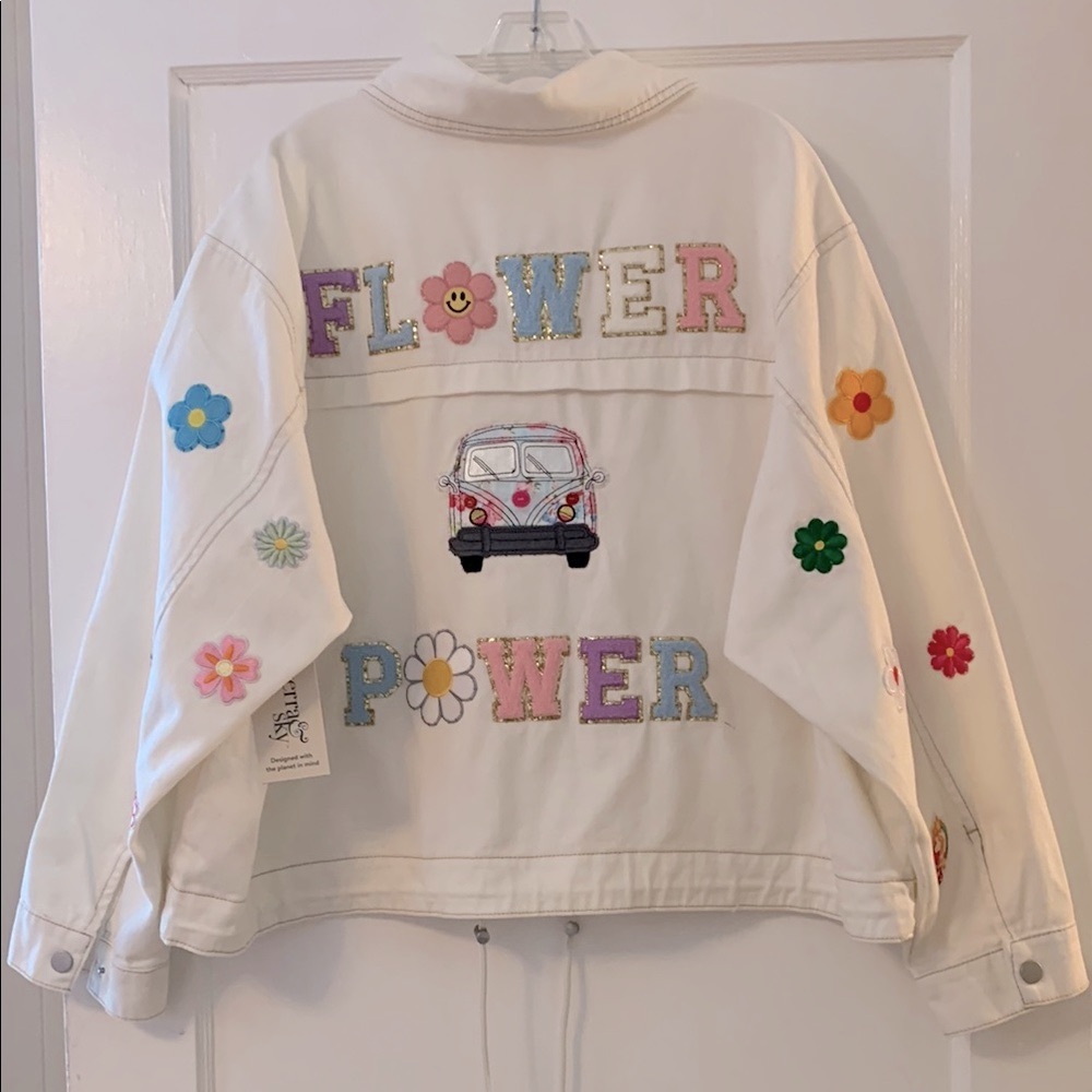 White Jean Flower Power Jacket NWT
